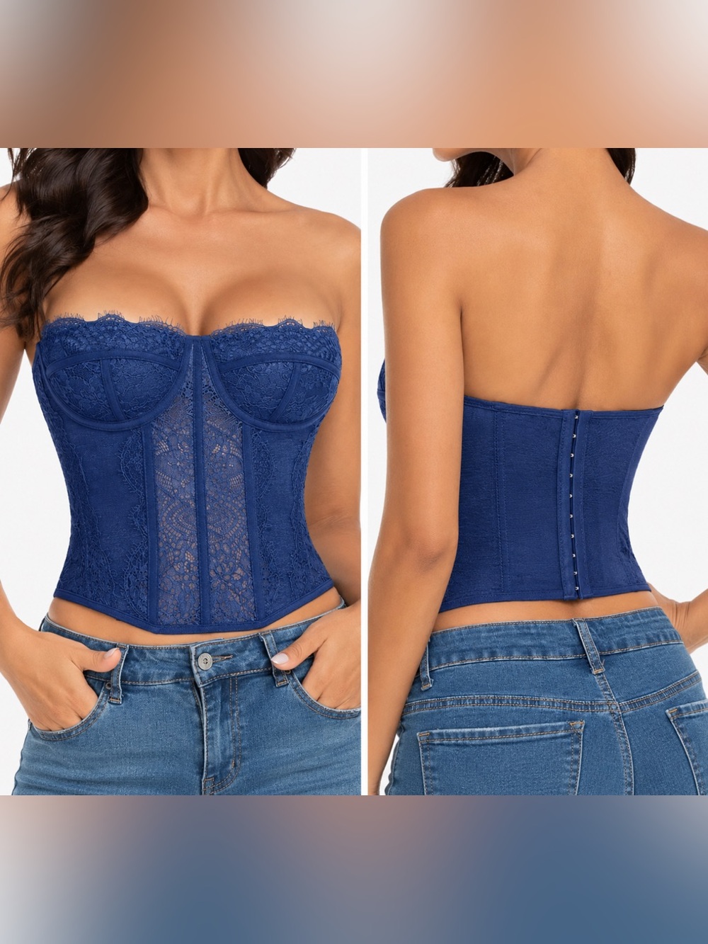 ReoRia Strapless Lace Longline Bustier Corset - Blue